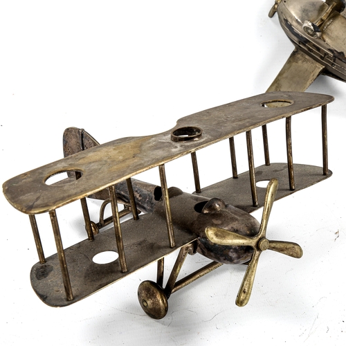 1086 - 3 Art Deco nickel plate novelty model aircraft, bi-plane wingspan 22cm (3)