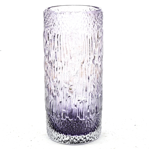 1111 - 1970s Wedgwood violet glass cylinder vase, designed by Ronald Stennett Wilson, height 21cm