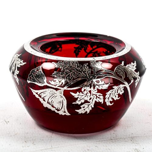 1113 - A small silver overlay ruby glass bowl, diameter 7.5cm