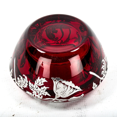 1113 - A small silver overlay ruby glass bowl, diameter 7.5cm