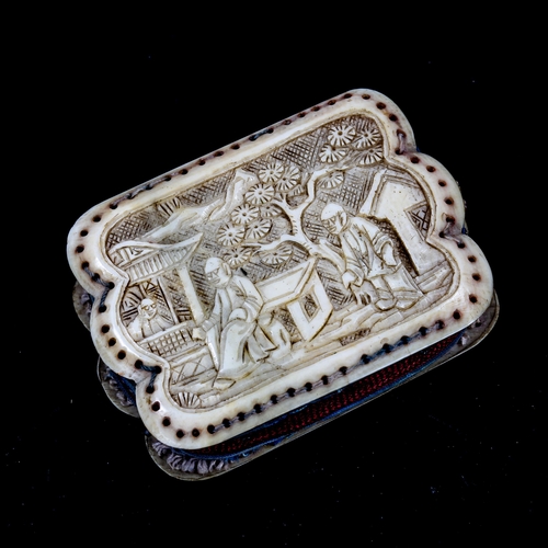 1115 - A small Cantonese relief carved ivory pin cushion, length 5.5cm