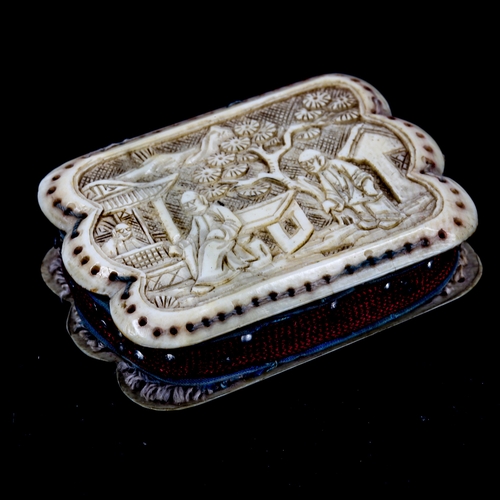 1115 - A small Cantonese relief carved ivory pin cushion, length 5.5cm