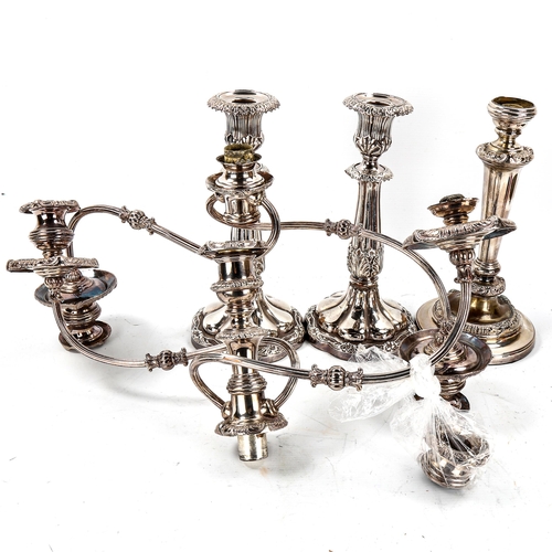 1126 - A pair of 19th century electroplate candlesticks, height 28cm, a pair of 19th century candelabra top... 