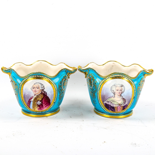 1145 - A pair of Sevres porcelain jardinieres, with painted portrait panels on turquoise ground with gildin... 