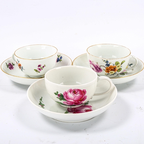 1146 - 3 Meissen porcelain cabinet cups and saucers with painted botanical studies