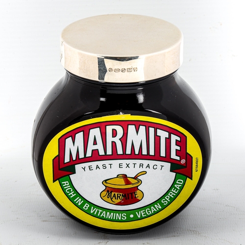 1149 - A large jar of Marmite with hallmarked silver lid, boxed