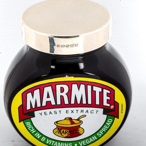 1149 - A large jar of Marmite with hallmarked silver lid, boxed