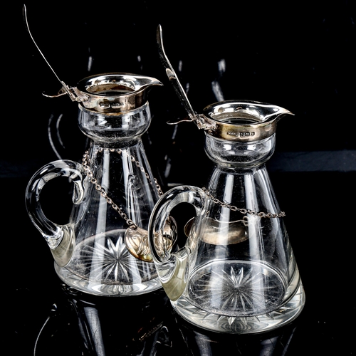 1157 - A pair of Edwardian silver-mounted glass Whisky noggins, with silver Whiskey labels, hallmarks Birmi... 