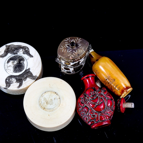 1159 - A group of Oriental items, including a circular ivory box with monkey designs, diameter 6.5cm, an en... 