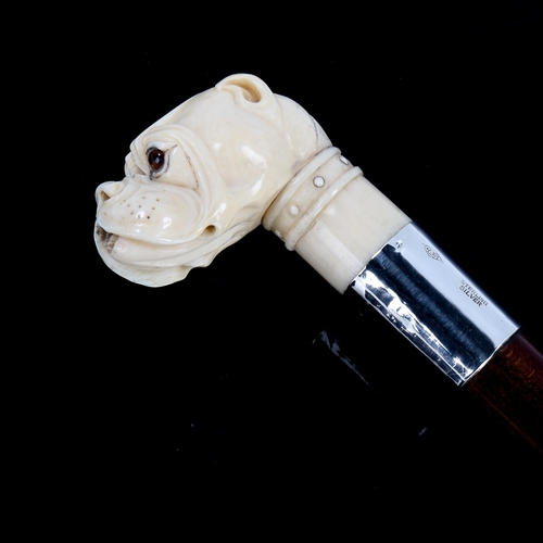 1171 - A 19th century carved ivory Bulldog-head handled walking cane with glass eyes, and sterling silver c... 