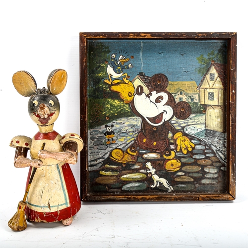 1177 - A Vintage carved wood mouse design money box, height 26cm, and a hand painted Mickey Mouse design tr... 