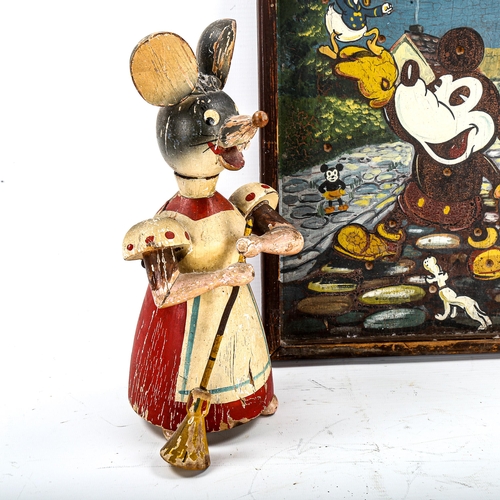 1177 - A Vintage carved wood mouse design money box, height 26cm, and a hand painted Mickey Mouse design tr... 