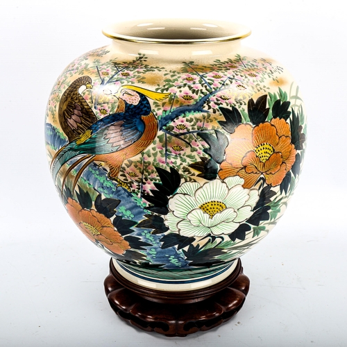 1178 - A large Chinese porcelain vase, hand painted exotic birds and flowers, signed under base, old label ... 