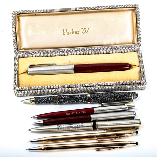 1181 - Parker 51 fountain pen, boxed, with various Cross pens and others