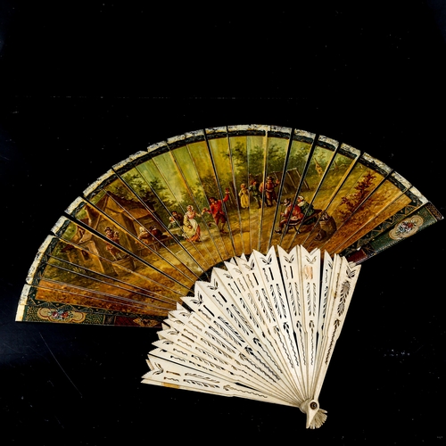 1185 - A 19th century hand painted ivory fan, length 18.5cm, and a bone arrow design fan with pierced decor... 