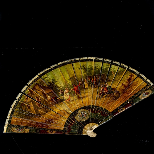 1185 - A 19th century hand painted ivory fan, length 18.5cm, and a bone arrow design fan with pierced decor... 