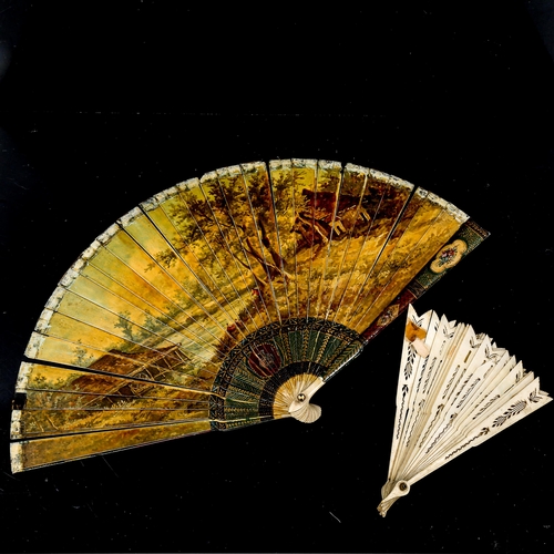 1185 - A 19th century hand painted ivory fan, length 18.5cm, and a bone arrow design fan with pierced decor... 