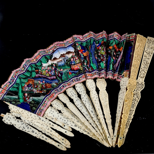 1186 - A group of Chinese carved and pierced fan parts, with hand painted screens