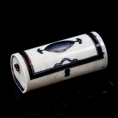 1187 - A 19th century ivory tortoiseshell and silver inlaid drum-shaped case, with hinged doors to either e... 