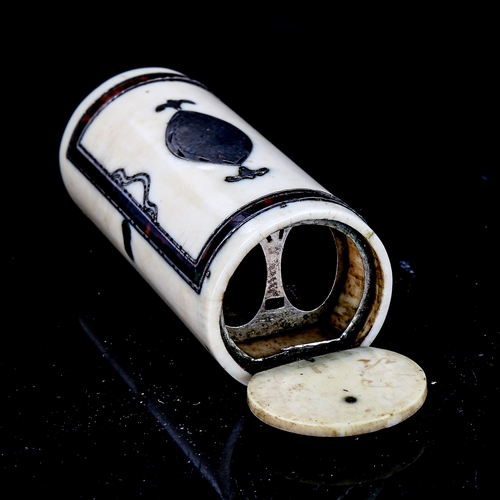 1187 - A 19th century ivory tortoiseshell and silver inlaid drum-shaped case, with hinged doors to either e... 