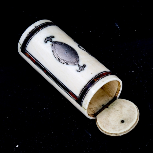 1187 - A 19th century ivory tortoiseshell and silver inlaid drum-shaped case, with hinged doors to either e... 