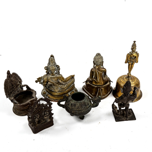 1193 - A group of Indian bronze deities, a bronze bell, an incense burner etc (7)