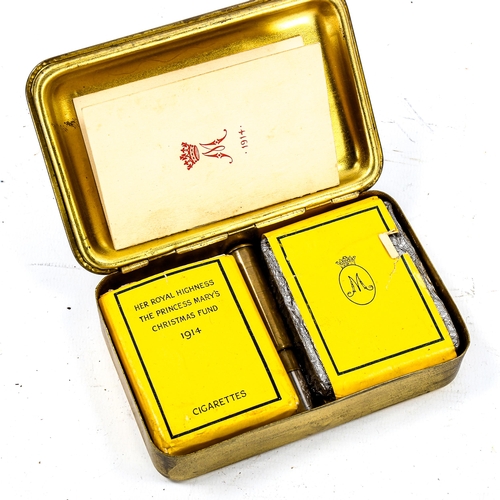 1228 - A 1914 Queen Mary Christmas tin with original contents, including bullet pencil and cigarettes