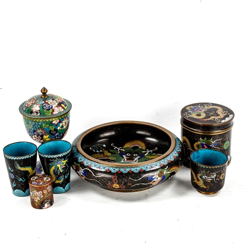 1234 - A group of Chinese cloisonne enamel items, including a dragon pot, height 9cm, and a goblet and cove... 