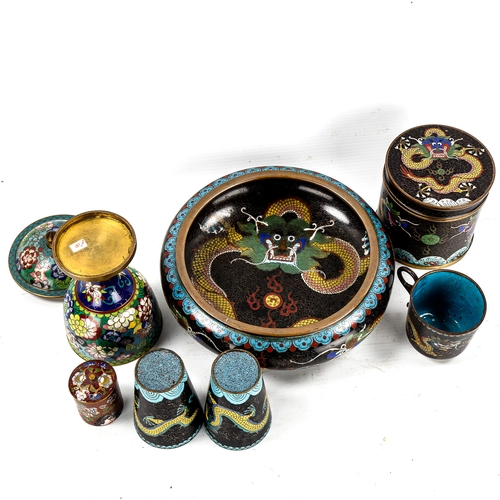 1234 - A group of Chinese cloisonne enamel items, including a dragon pot, height 9cm, and a goblet and cove... 