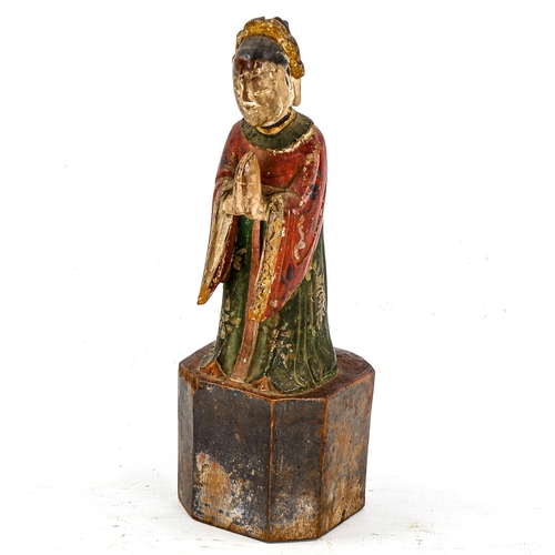 1238 - 19th century Chinese carved and painted wood praying figure, height 18cm