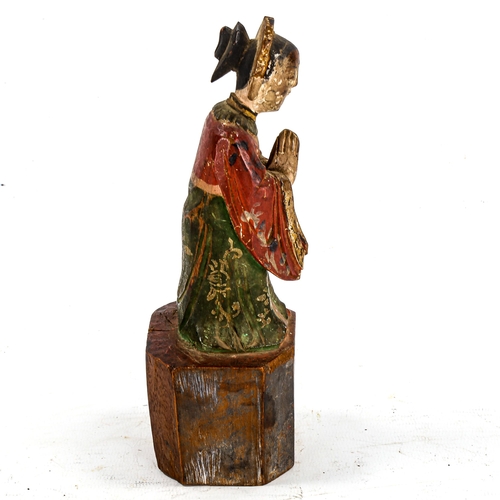 1238 - 19th century Chinese carved and painted wood praying figure, height 18cm