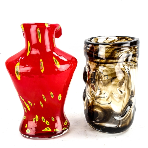 1254 - A large Whitefriars brown knobbly glass vase, height 25cm, and a Studio coloured glass torso vase (2... 