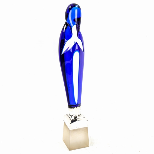 1256 - Val St Lambert blue overlay glass modernist sculpture, with silver mount, height 38cm