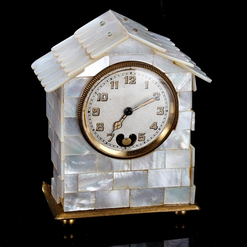 69 - A small early 20th century French mother-of-pearl architectural house clock, engine turned silvered ... 