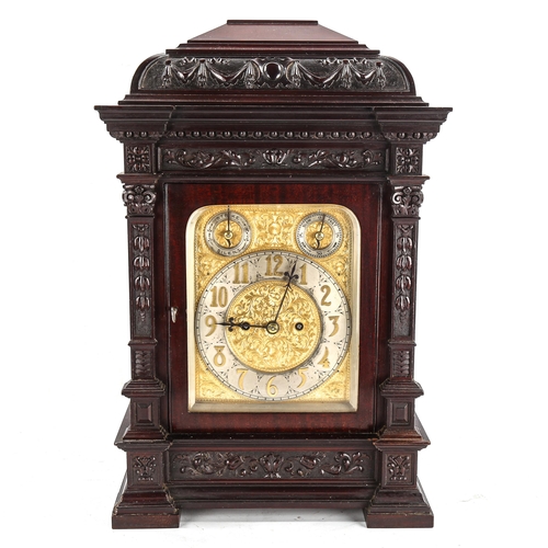 74 - A late 19th/early 20th century German mahogany architectural 8-day bracket clock, rectangular brass ... 