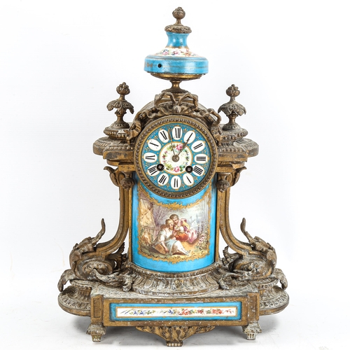 75 - A French brass and porcelain 8-day mantel clock, in Louis XVI style, white enamel dial with Roman nu... 