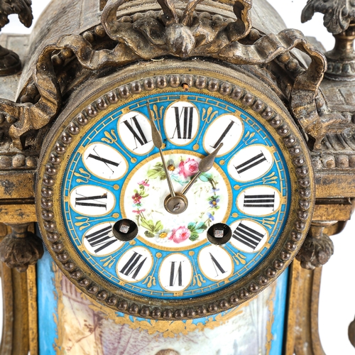 75 - A French brass and porcelain 8-day mantel clock, in Louis XVI style, white enamel dial with Roman nu... 