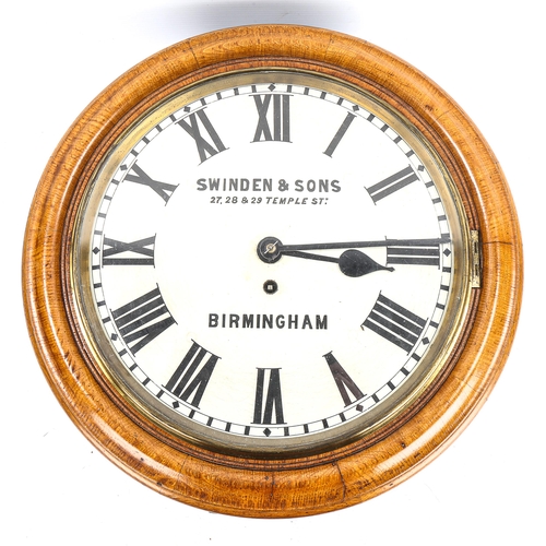 76 - A light oak-cased 30-hour circular dial wall clock, by Swinden & Sons of Birmingham, white enamel di... 