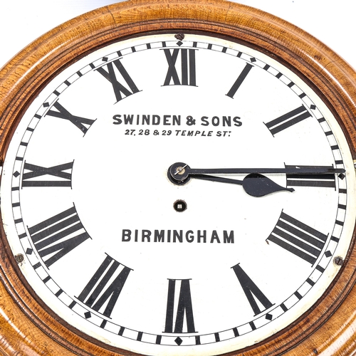 76 - A light oak-cased 30-hour circular dial wall clock, by Swinden & Sons of Birmingham, white enamel di... 