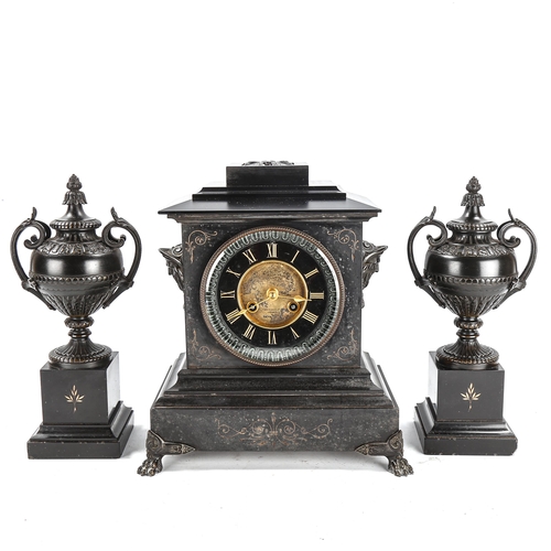 88 - A 19th century slate and bronze 3-piece 8-day clock garniture, by J Collbran, retailed by T Martin o... 