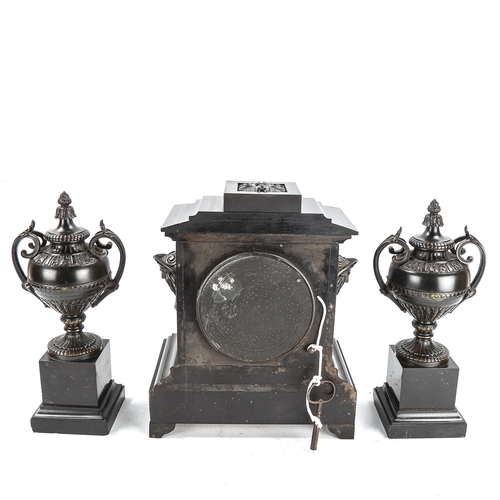 88 - A 19th century slate and bronze 3-piece 8-day clock garniture, by J Collbran, retailed by T Martin o... 