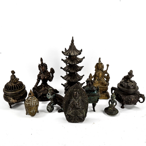 1194 - A group of Chinese bronze deities, incense burners, bronze temple etc (9)