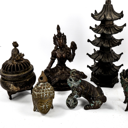 1194 - A group of Chinese bronze deities, incense burners, bronze temple etc (9)