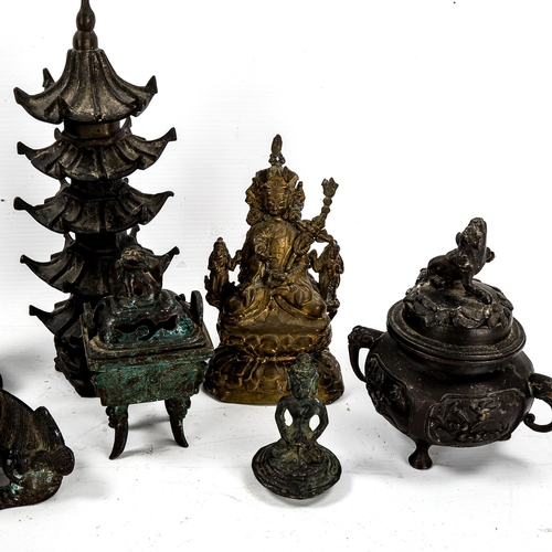 1194 - A group of Chinese bronze deities, incense burners, bronze temple etc (9)