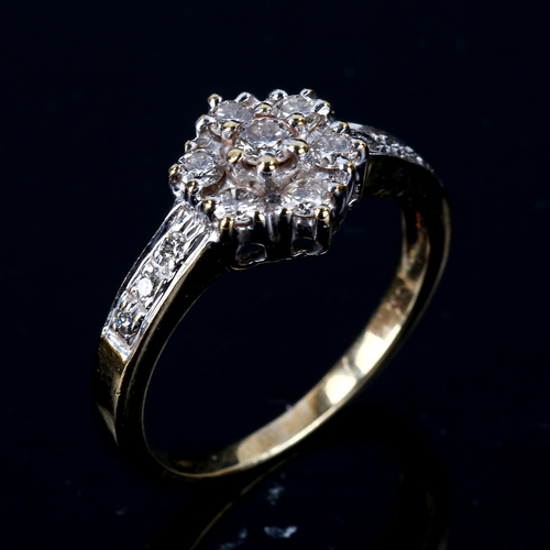 496 - A modern 9ct gold diamond cluster flowerhead ring, set with modern round brilliant-cut diamonds, tot... 