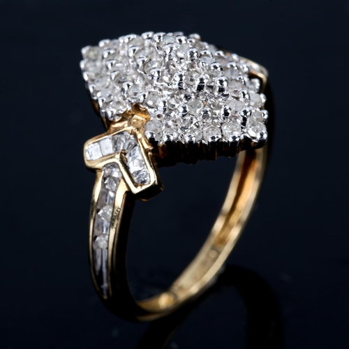 498 - A 9ct gold diamond marquise cluster ring, set with single-cut diamonds, total diamond content approx... 