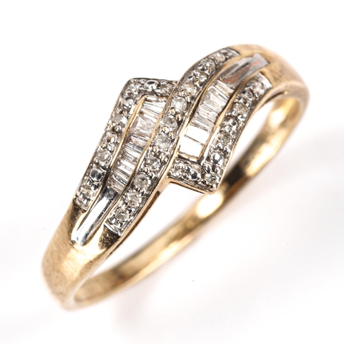 513 - A modern 9ct gold diamond cluster crossover ring, set with baguette and single-cut diamonds, total d... 