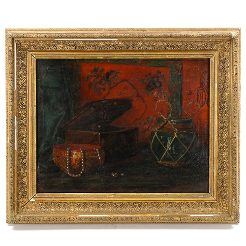 1510 - A late 19th/early 20th century oil on canvas, still life study, unsigned, 32cm x 42cm, framed