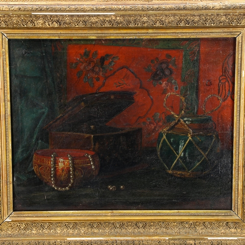 1510 - A late 19th/early 20th century oil on canvas, still life study, unsigned, 32cm x 42cm, framed