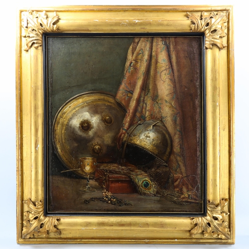 1511 - Howard, oil on canvas, still life armour, with another similar painting on reverse, signed, 76cm x 6... 